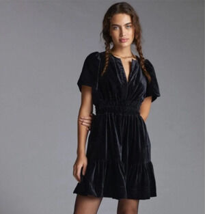 Maeve Anthropologie Somerset Black Velvet Dress XSP Petite V-Neck Smocked Waist